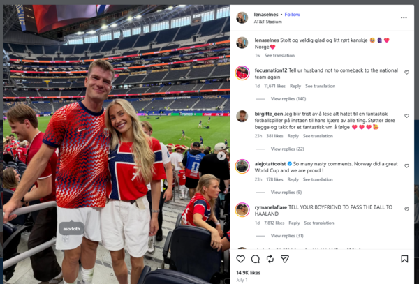 ▲挪威前鋒索爾洛特(Alexander Sørloth)女友塞爾娜斯(Lena Selnes)社群也遭到憤怒網友洗版。(圖/翻攝自IG/Lena Selnes) 原文網址:https://sports.ettoday.net/news/3200472#ettoday
