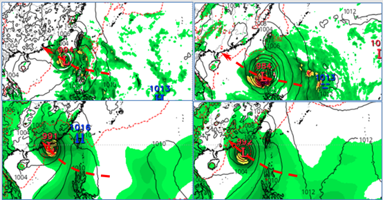 圖:最新(20日20時)歐洲(ECMWF)模式(左上)、美國(GFS)模式(右上),歐洲AI模式(左下)及美國AI模式(右下),週六(25日)20時模擬圖顯示,熱帶系統已通過呂宋島北端進入南海、朝港、澳、廣東一帶前進。歐、美AI模式移速較快,美國(GFS)模式最慢也最偏南,歐洲(ECMWF)模式則較偏北、速度居中。(圖擷自tropical tidbits)