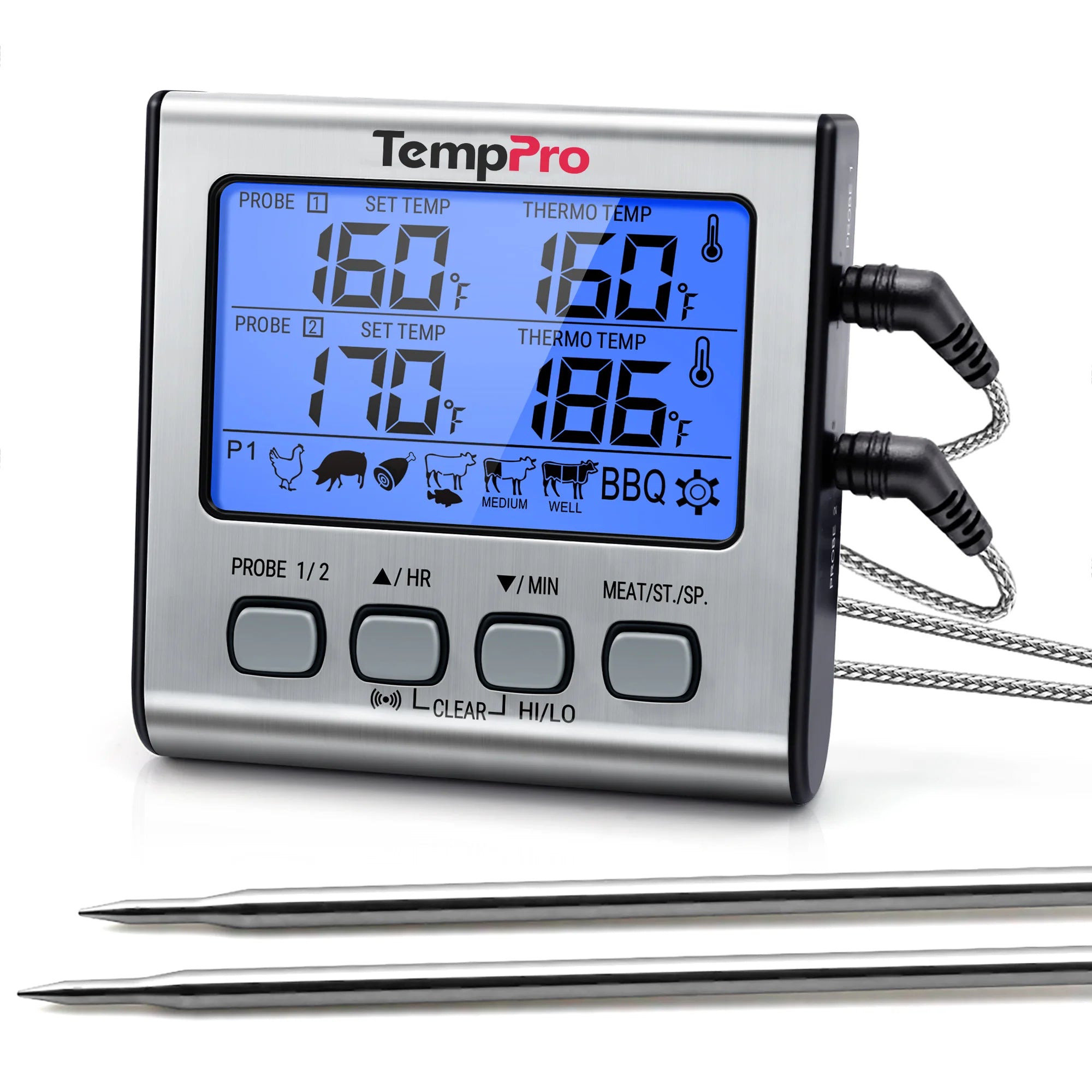 ThermoPro TP-17 digitální kuchyňský teploměr, dvě sondy, stříbrný