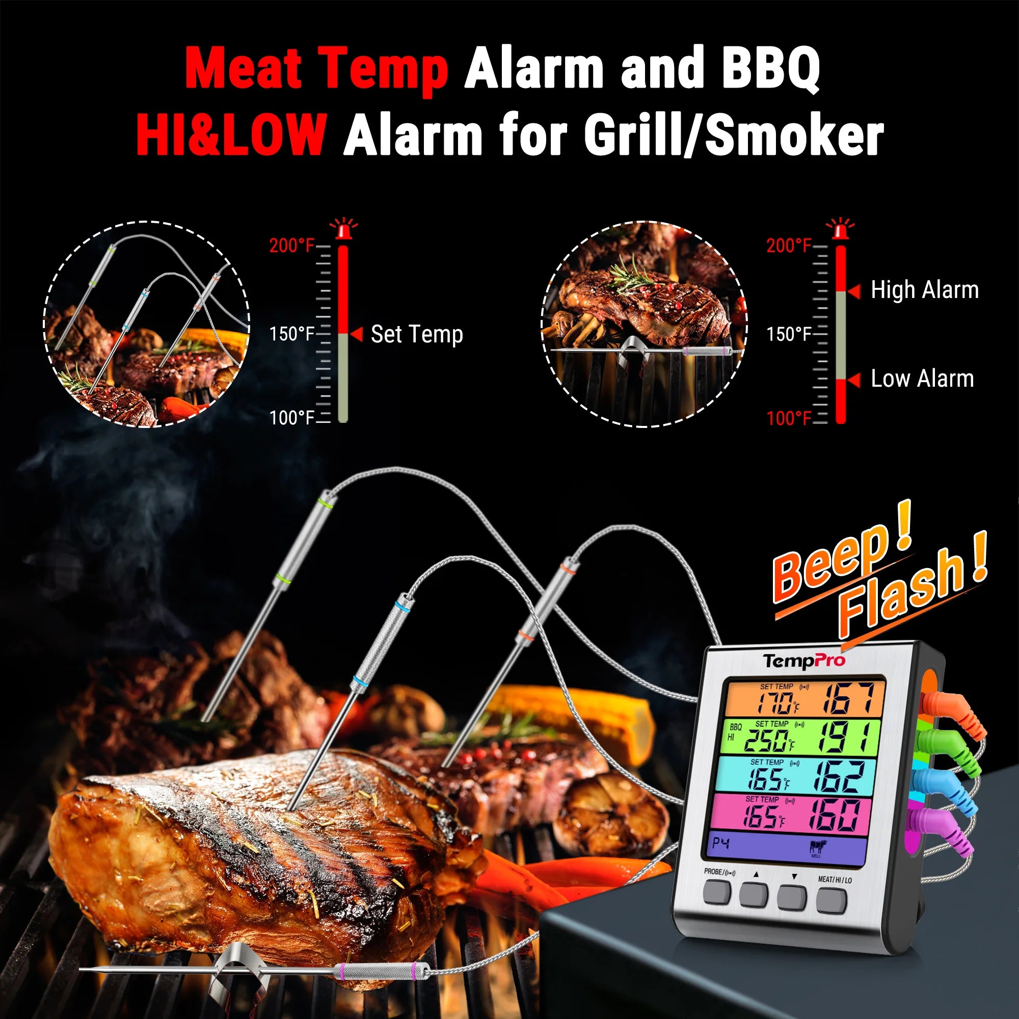 ThermoPro TP-17H digitální kuchyňský teploměr, čtyři sondy, stříbrný