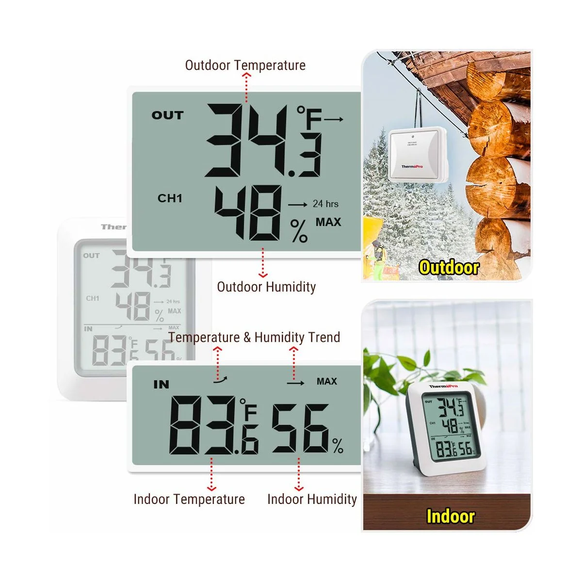 ThermoPro TP-60C bezdrátový teploměr a vlhkoměr s venkovním čidlem