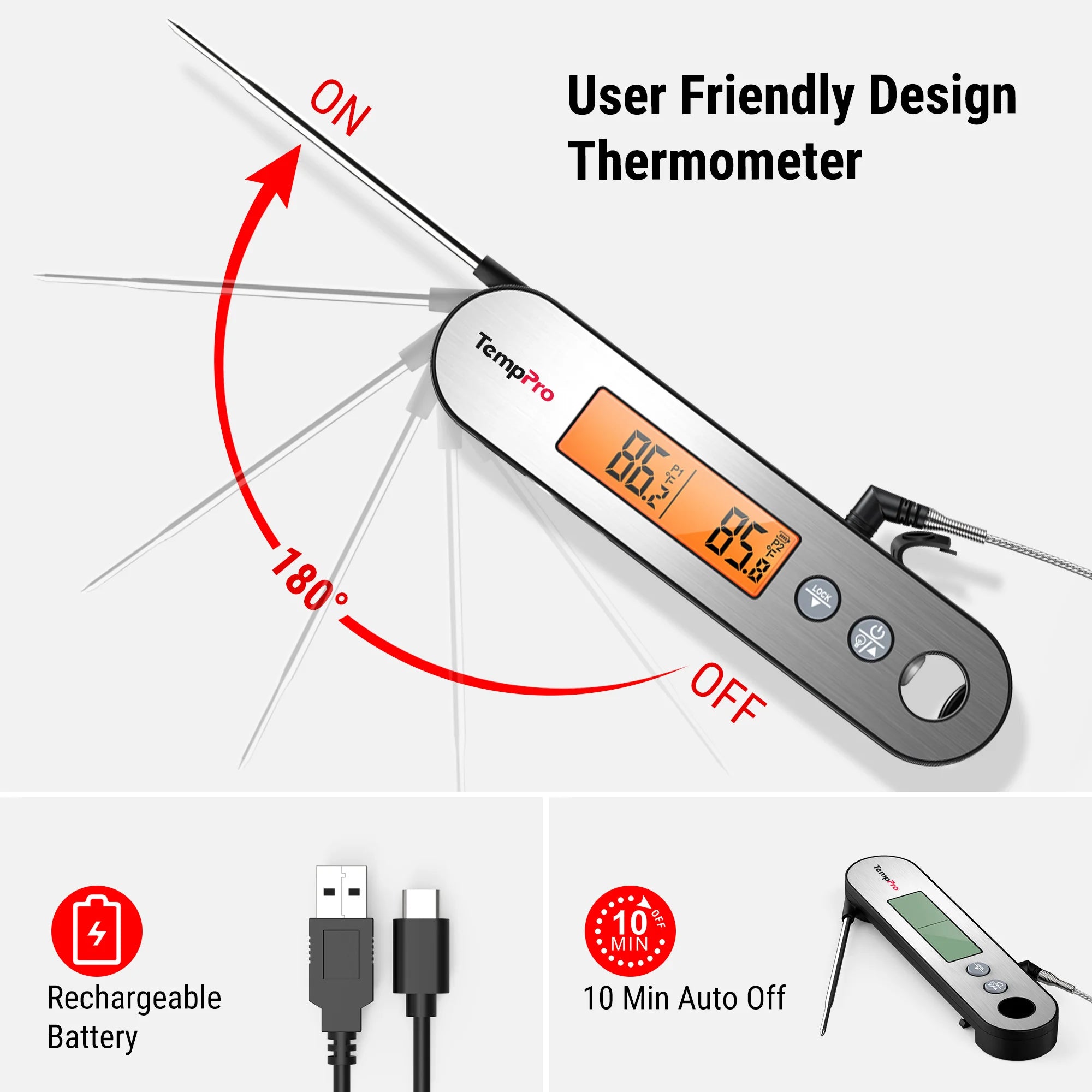 ThermoPro TP-610 digitální kuchyňský teploměr, stříbrný