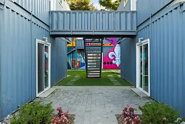 2-Unit Work Friendly Stay in NuLu | Shipping Containers 5 & 6: Courtyard walkway