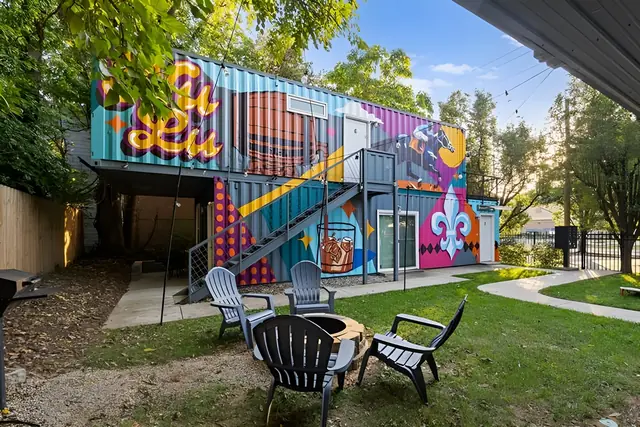 Entire 6-Unit NULU Complex | Private Group Buyout | Sleeps 16: Yard with fire pit and Adirondack chairs