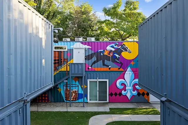 Modern Shipping Container Stay in NuLu | Unit 1: Courtyard between the container units