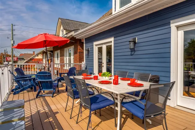 Bourbon Bachelors: Highlands Vacation Rentals: Deck with Adirondack chairs and red umbrella