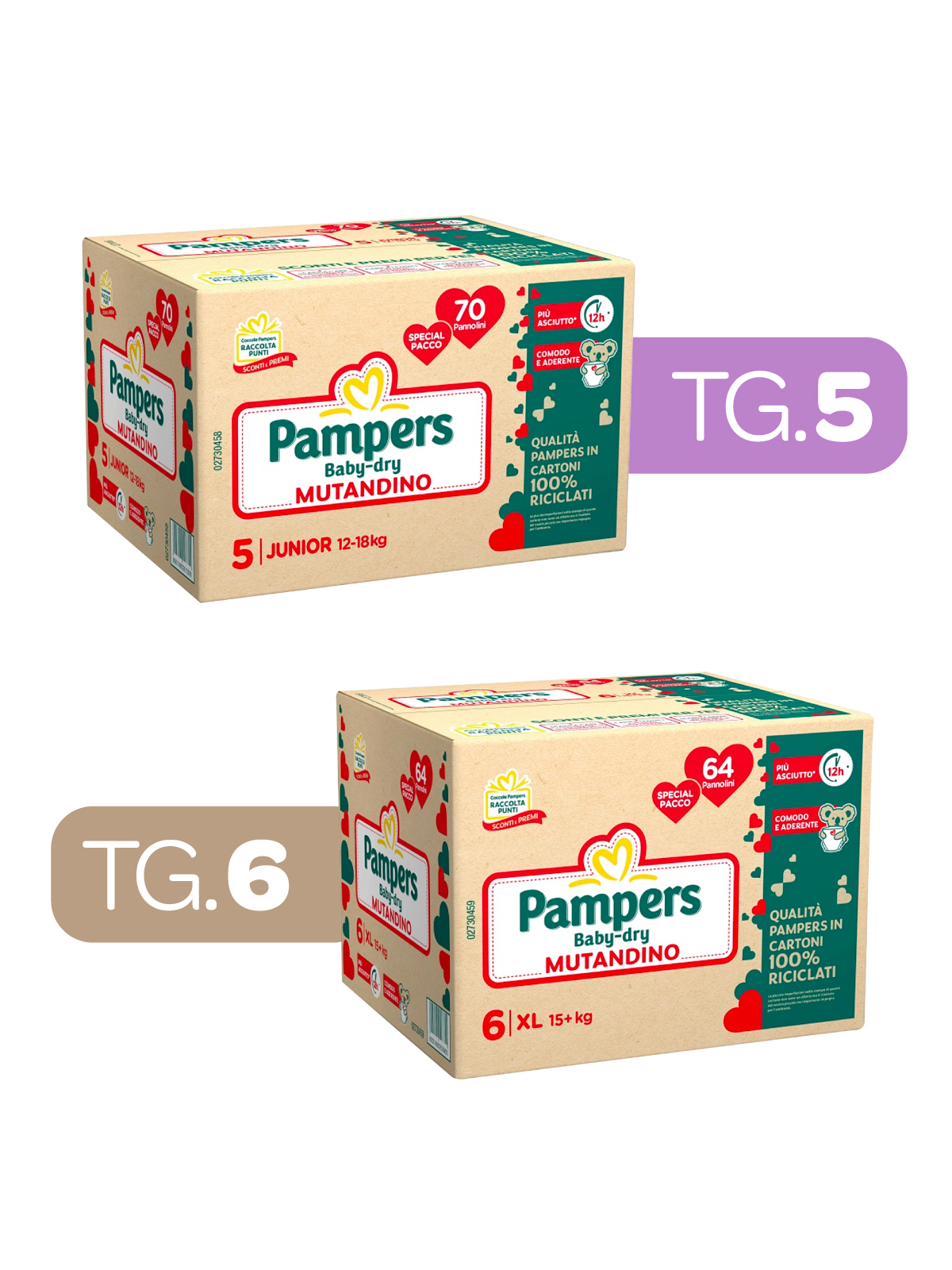 Pampers – special pack baby dry mutandino junior taglia 5 (12-18 kg) – 70 pz + special pack baby dry mutandino xl taglia 6 (15+ kg) – 64 pz -