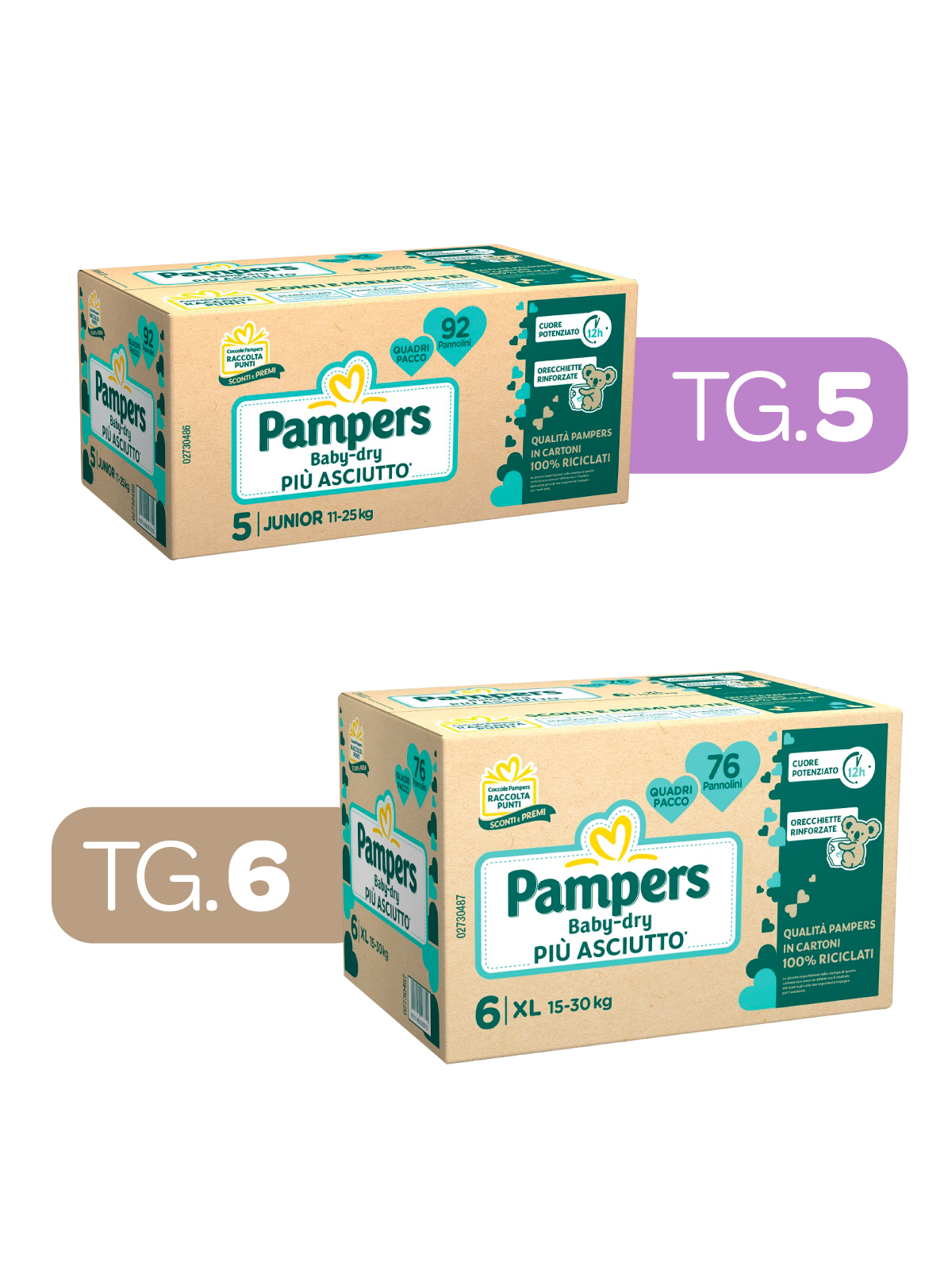 Pampers – quadri baby dry taglia 5 (11-25 kg) – 92 pz + quadri baby dry taglia 6 (15-30 kg) – 76 pz -