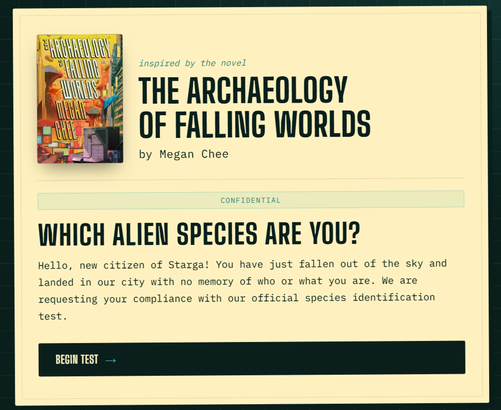 We made a buzzfeed-era online quiz to find out what alien species you are from The Archaeology of Falling Worlds