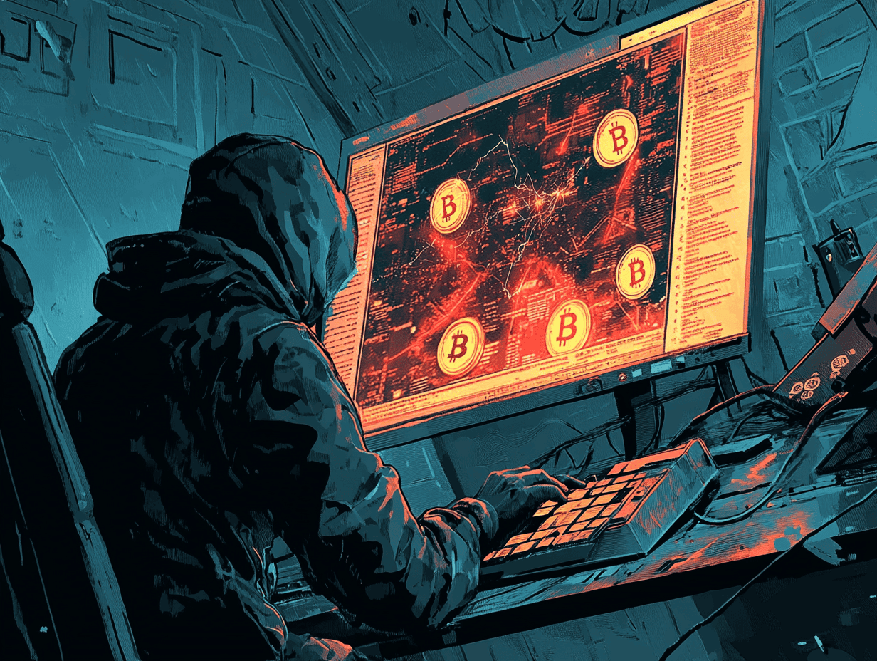 Homem de capuz digitando em um teclado olhando para uma tela de computador com moedas de Bitcoin