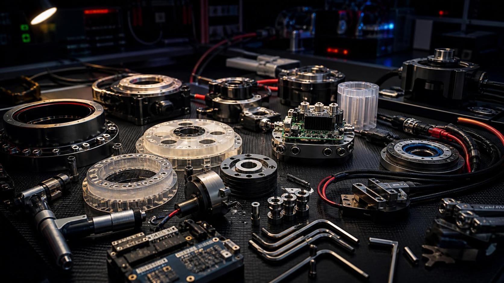 Sensor boards and actuator test equipment on a dark industrial electronics bench
