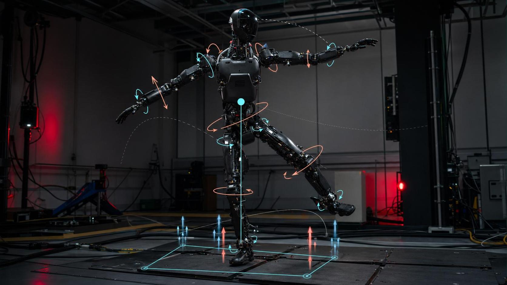 Humanoid robot in a test lab with center of mass and contact force overlays