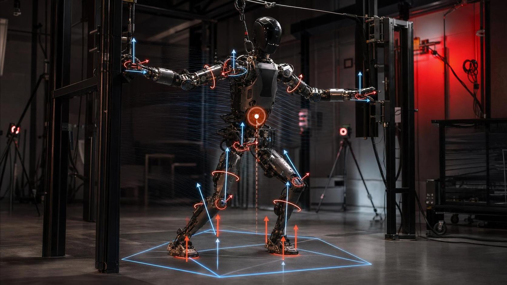 Robotics control room showing joint torque vectors, foot contact polygons, and humanoid posture analysis