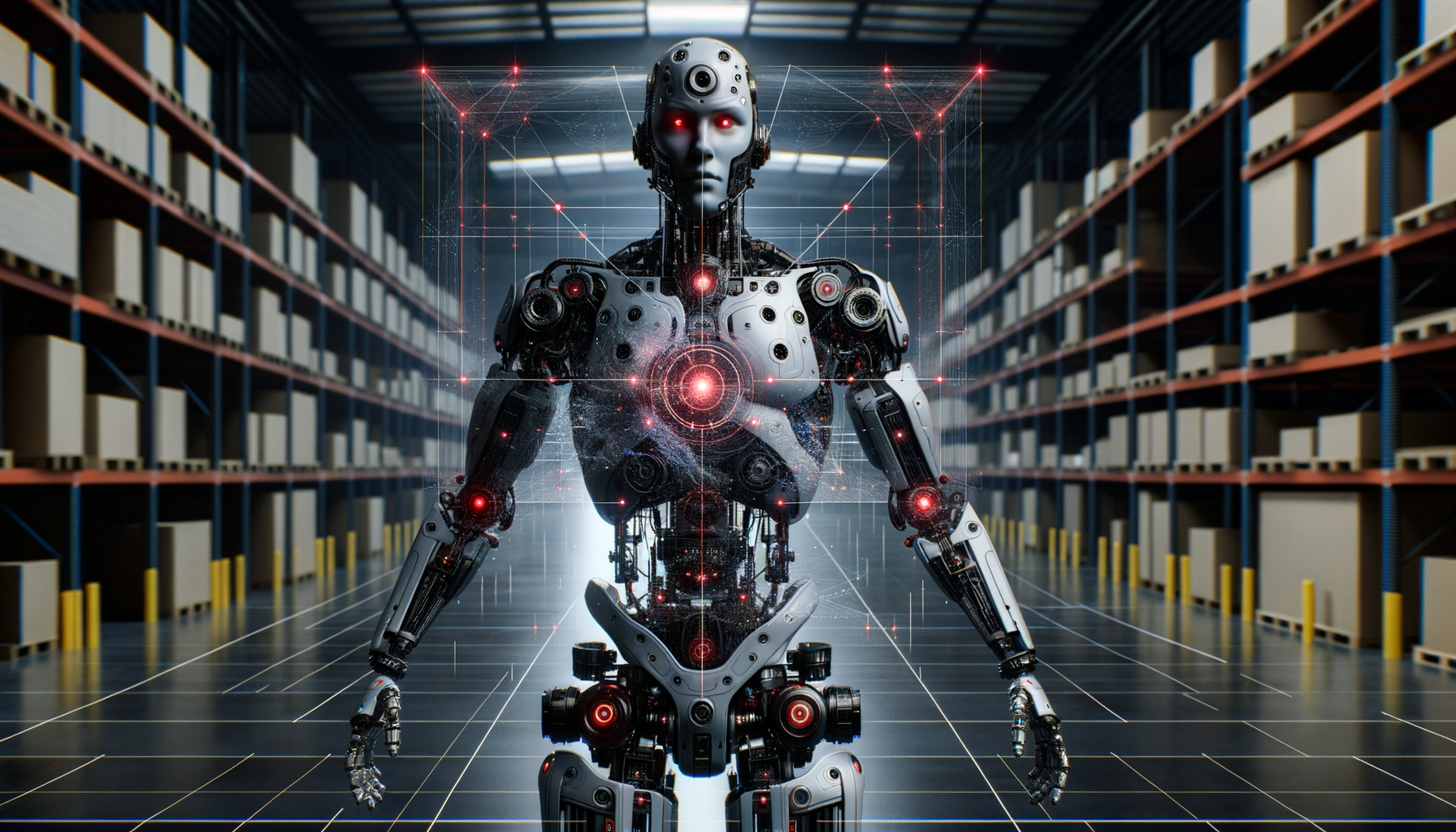 Humanoid robot navigating warehouse with point cloud overlay