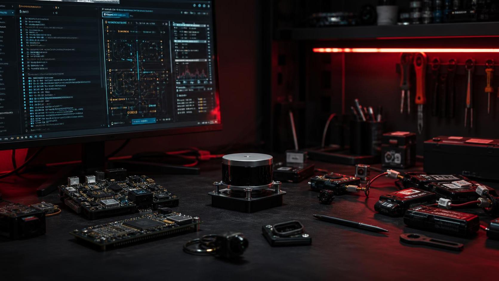 Sensor bench and embedded robotics components under red light