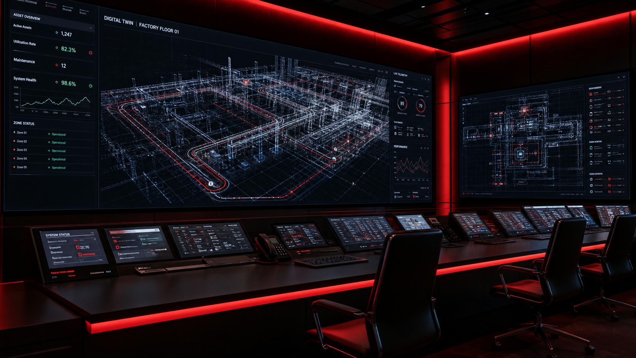 Abstract industrial simulation command center with digital twin screens and red accent lighting