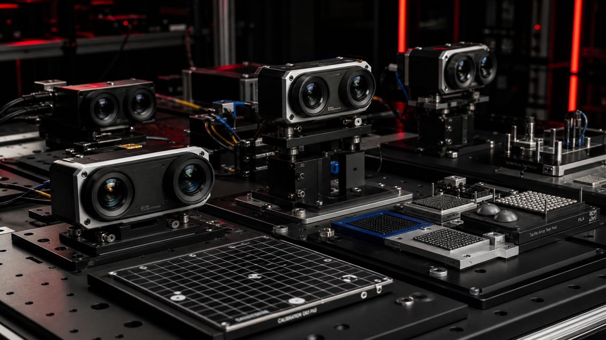 Close-up of stereo camera modules, tactile sensor pads, and calibration grid in a robotics lab