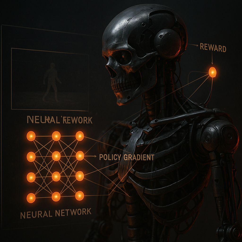 Neural network reinforcement learning diagram overlaid on humanoid robot skeleton showing reward signals and policy gradient flows