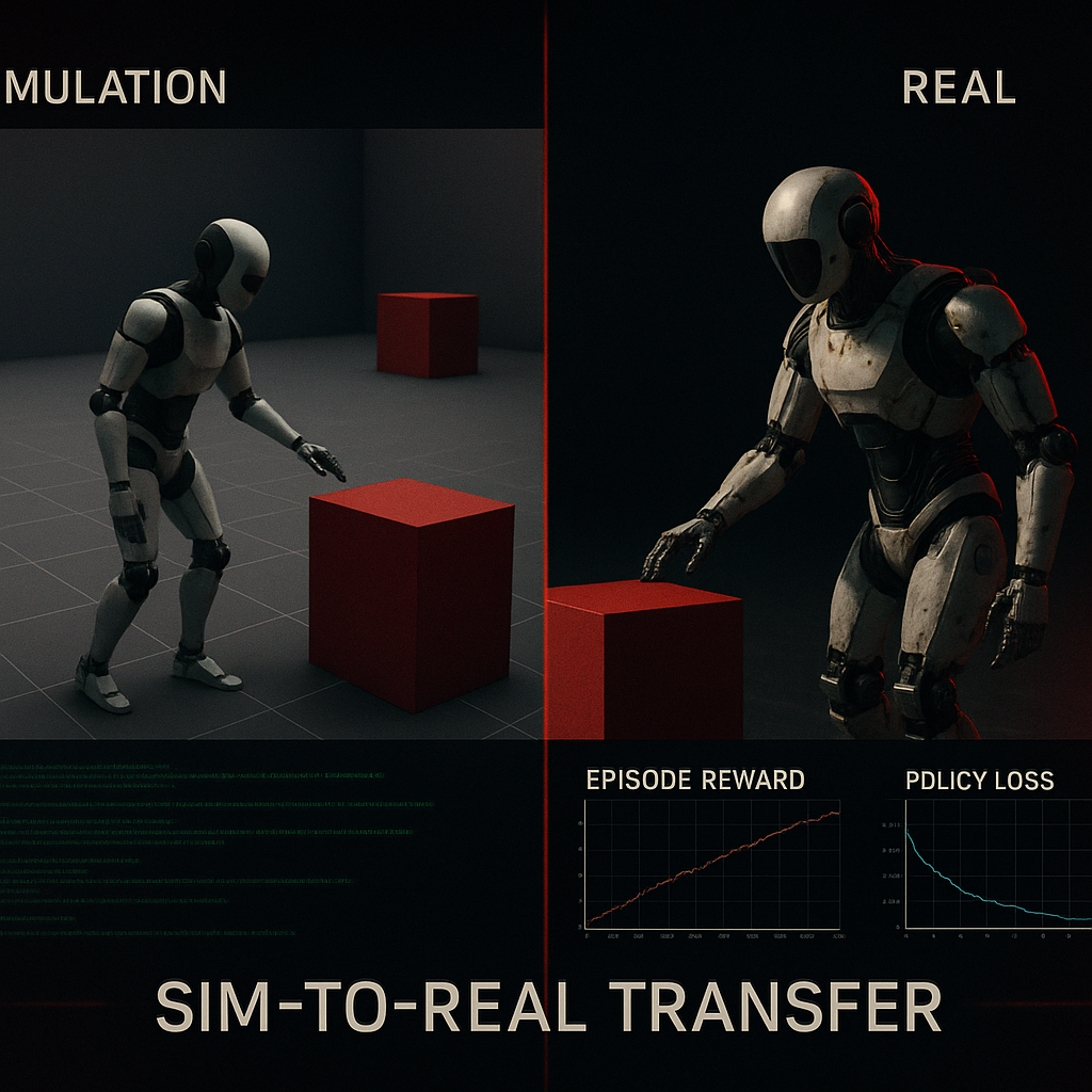 Split-screen showing humanoid robot in virtual simulation environment on left and real robot deployment on right with data streams visible