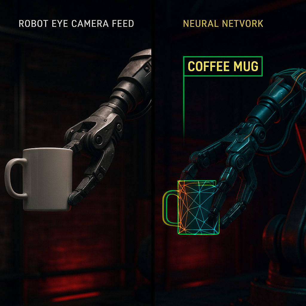Vision language model processing robot camera feed with neural network interpretation overlay on robot arm grasping objects