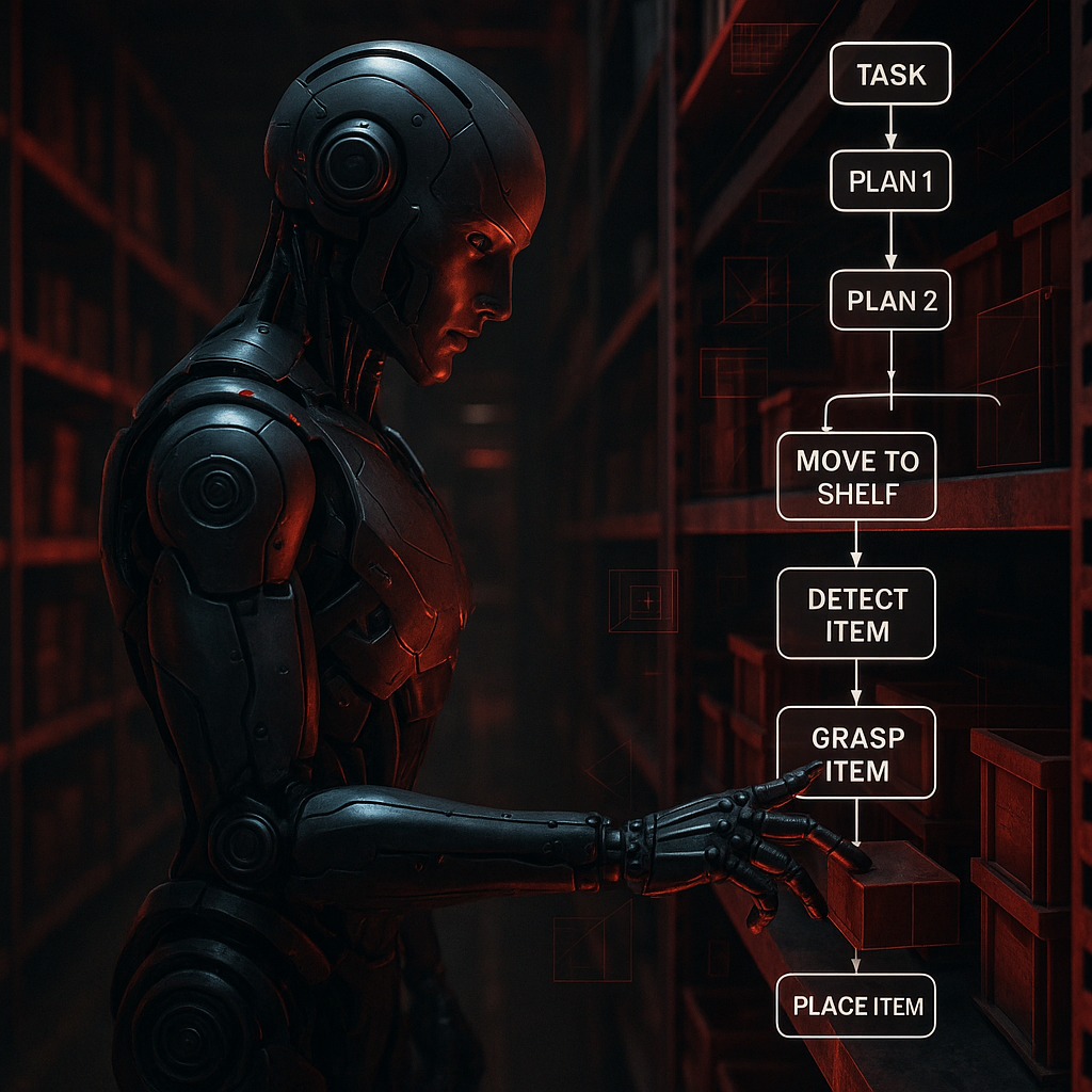 Humanoid robot in warehouse with AI decision overlay showing task planning and object recognition in real time