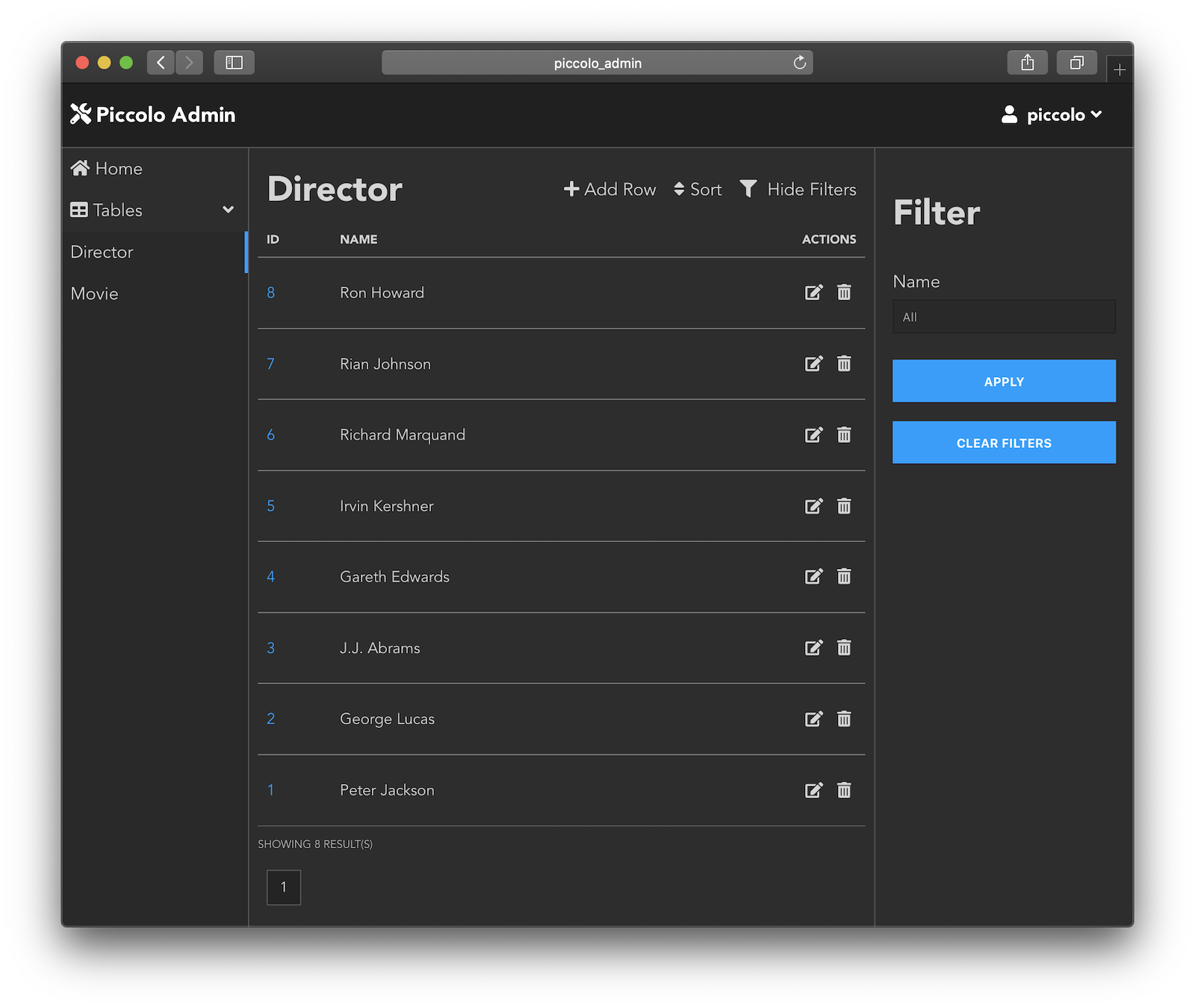 Piccolo Admin, a web GUI over your tables