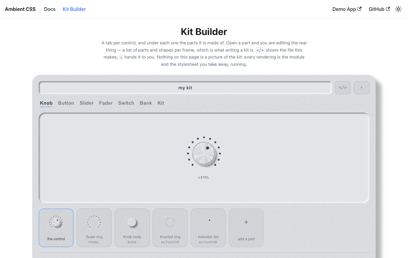 the project’s docs site: an interactive Kit Builder assembling a knob from its parts