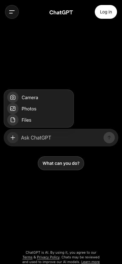 The attach menu open on ChatGPT, showing Camera, Photos and Files