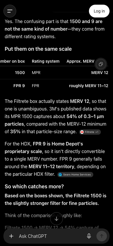 The ChatGPT reply with the Approx. MERV column showing MERV 12 for the Filtrete box and roughly MERV 11 to 12 for the HDX box