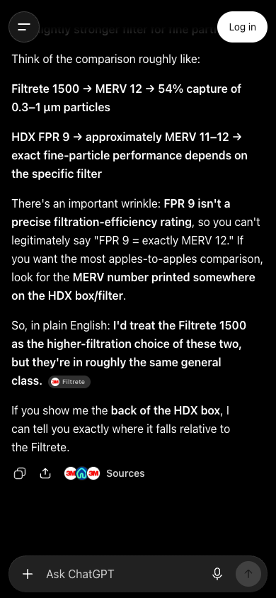 The ChatGPT reply saying FPR 9 is not a precise filtration efficiency rating and to look for a MERV number on the HDX box