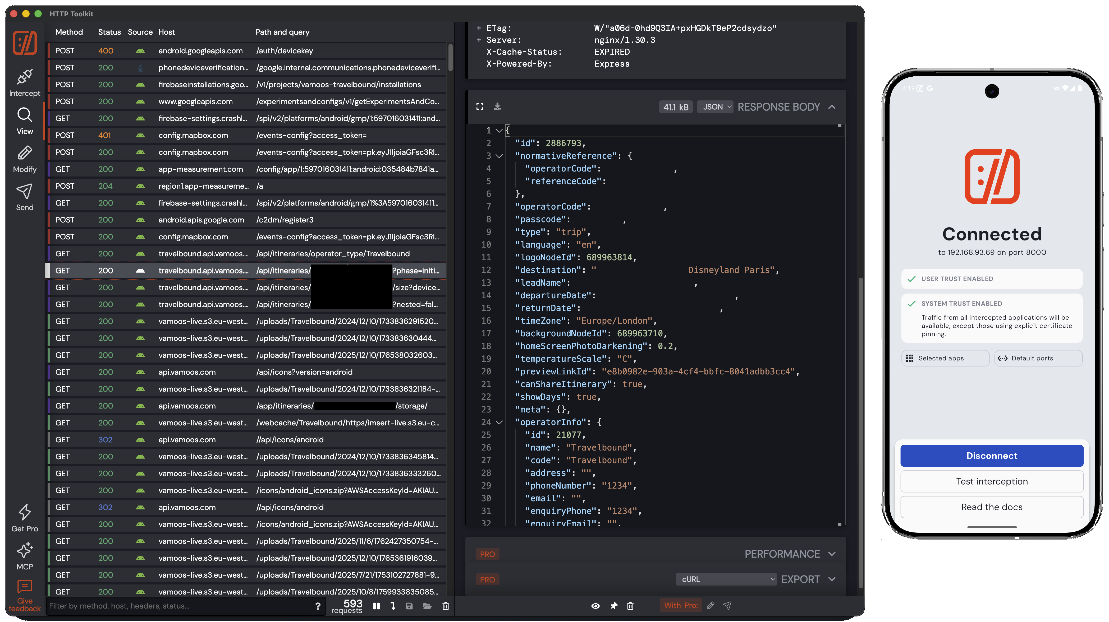 A proxy's request list: repeated GET 200 requests to travelbound.api.vamoos.com /api/itineraries/..., the credentialed rows author-redacted with black bars.