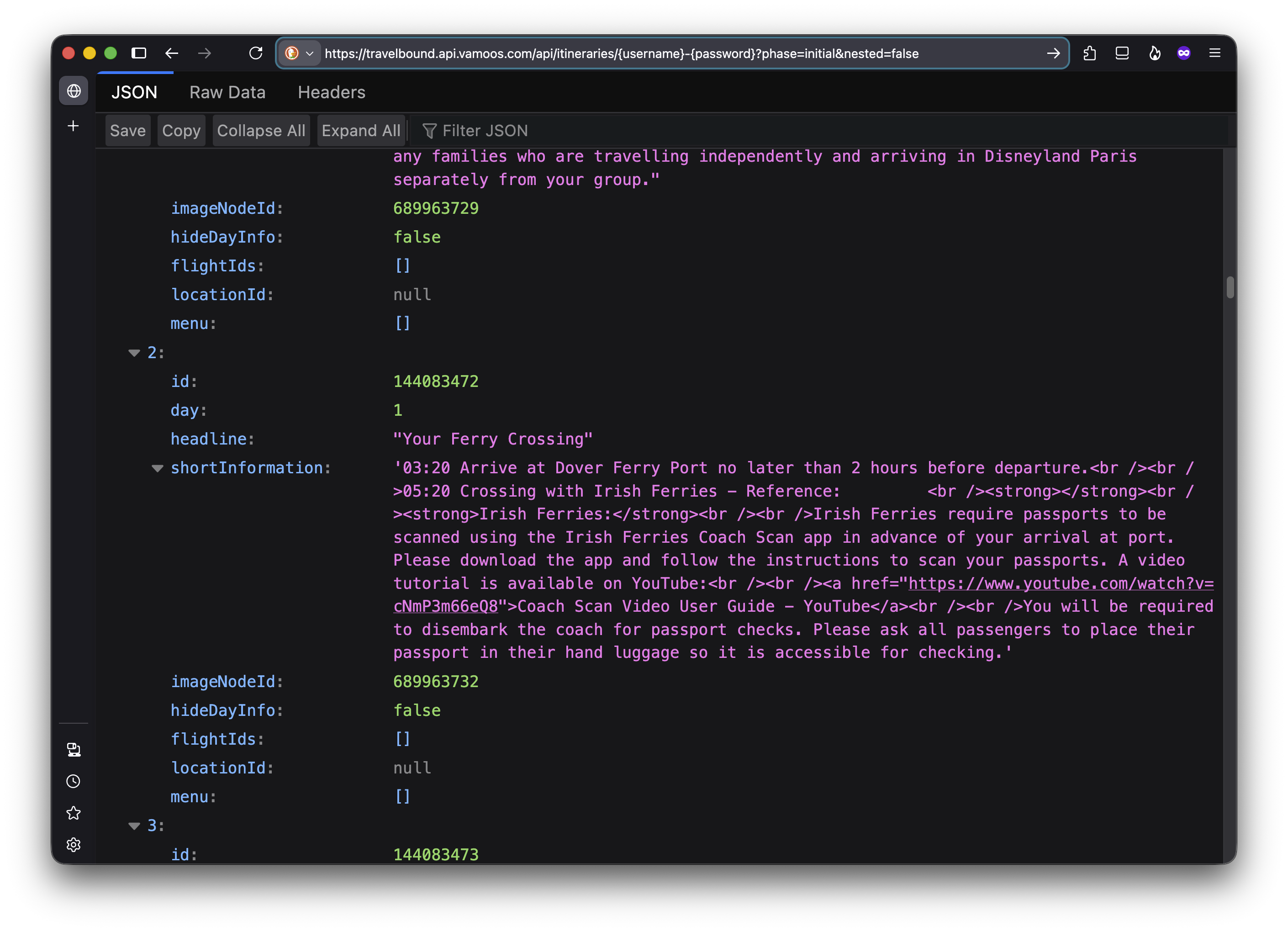 Raw JSON from travelbound.api.vamoos.com/api/itineraries/{username}-{password}. The shortInformation field literally contains HTML: line breaks written as br slash, a bold Irish Ferries heading in strong tags, and an embedded anchor link.