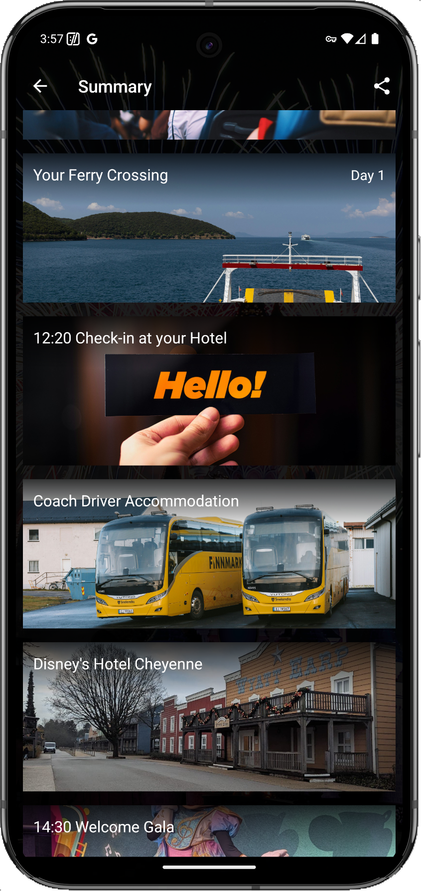 The travel app's Summary screen on a phone: Your Ferry Crossing / Day 1, 12:20 Check-in at your Hotel, Coach Driver Accommodation, Disney's Hotel Cheyenne, 14:30 Welcome Gala.