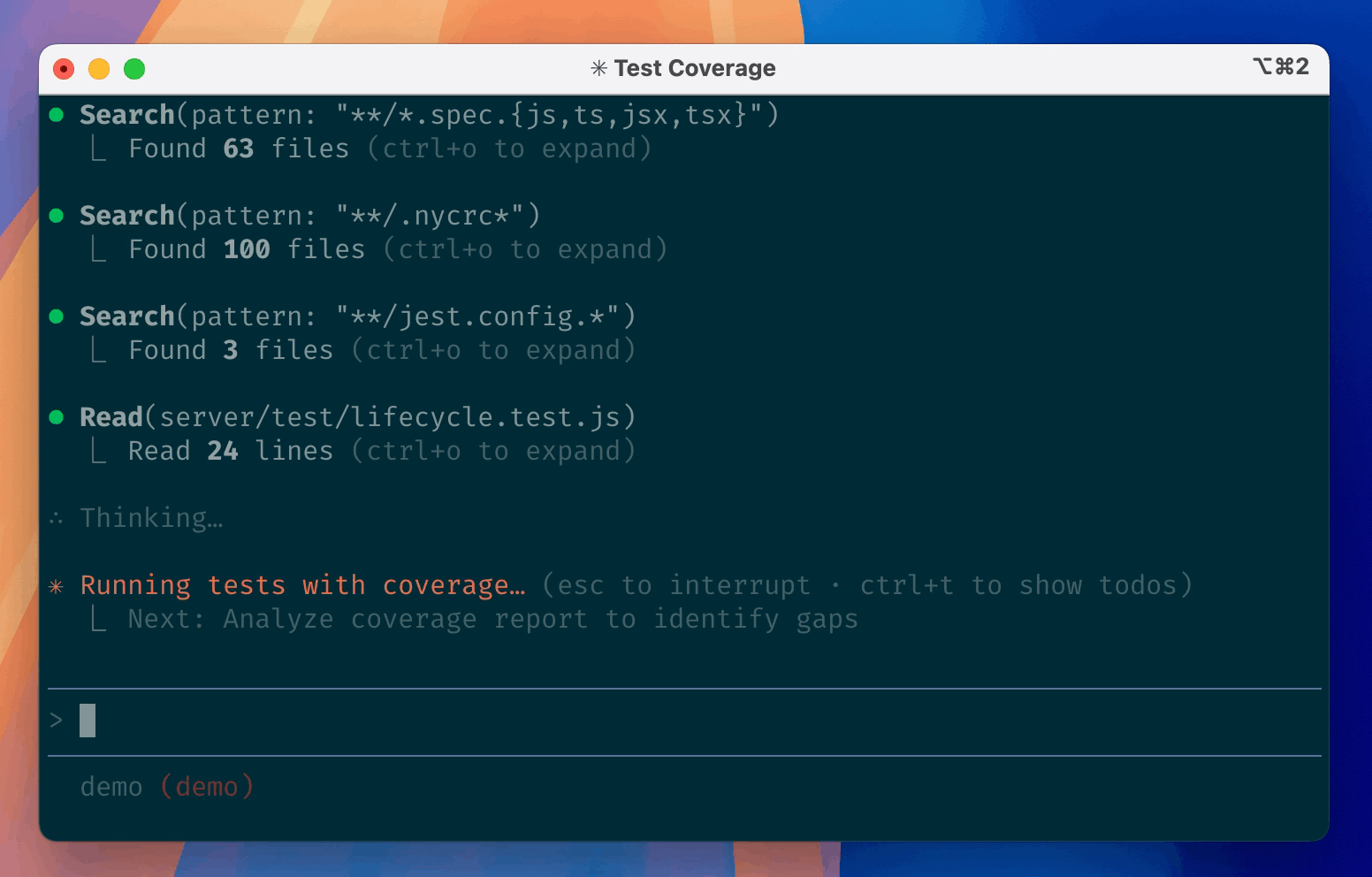 Claude Code running a test-coverage task in a terminal