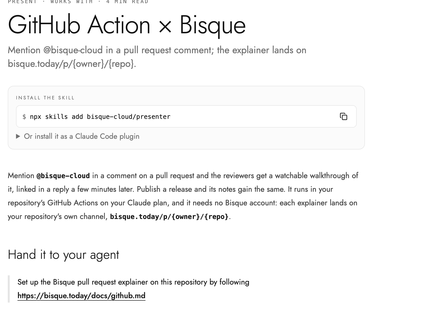 The setup page at bisque.today/docs/github, down to the line to hand your agent