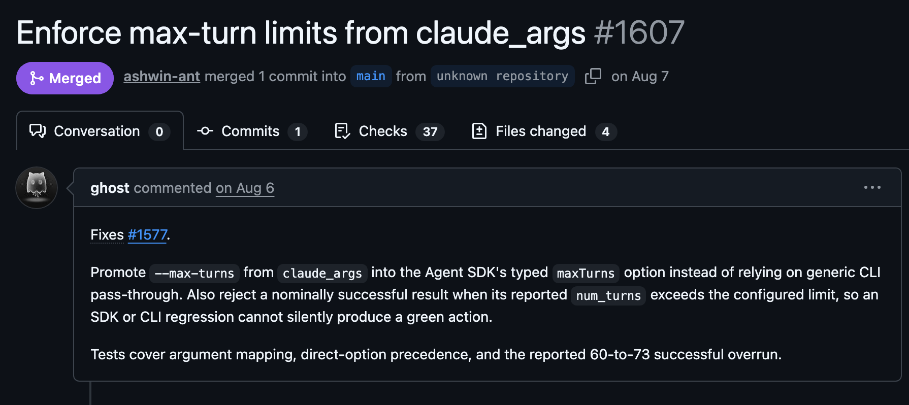 anthropics/claude-code-action pull request 1607: Enforce max-turn limits from claude_args