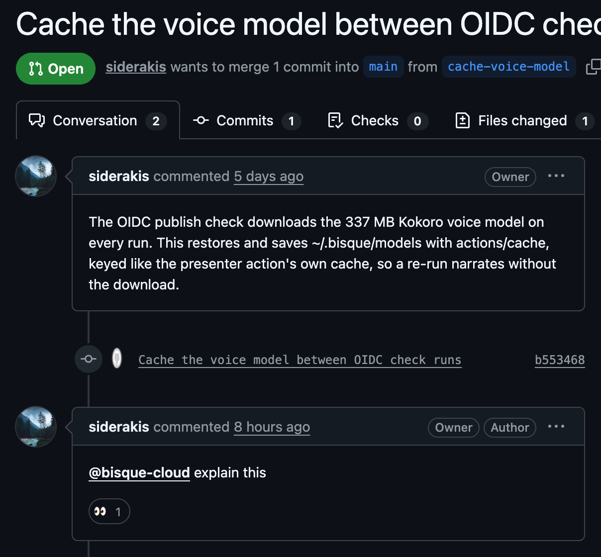 A pull request on siderakis/release-explainer-oidc-check with the comment @bisque-cloud explain this and an eyes reaction