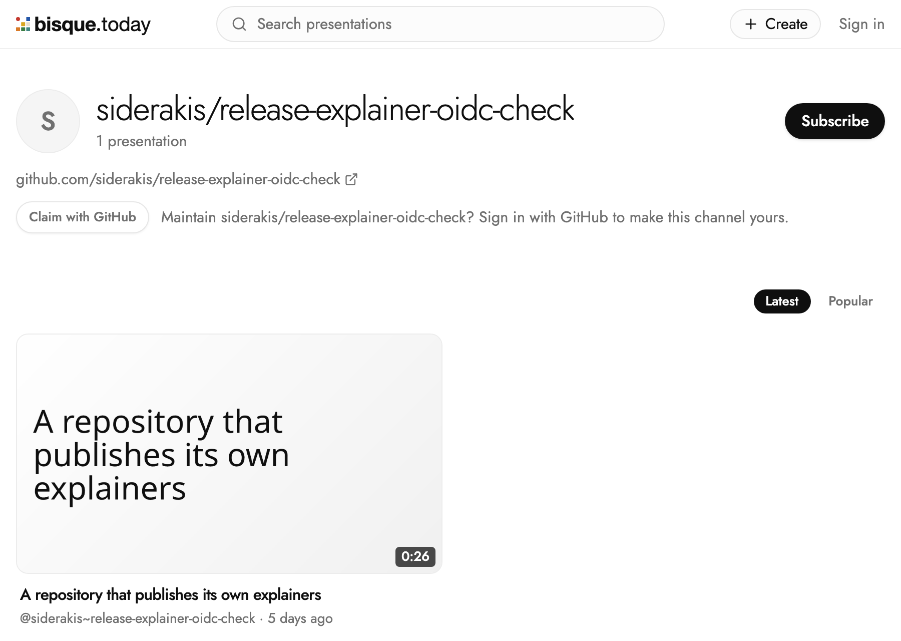 The repository's channel on bisque.today, siderakis/release-explainer-oidc-check, with a Claim with GitHub button and the explainer its workflow published