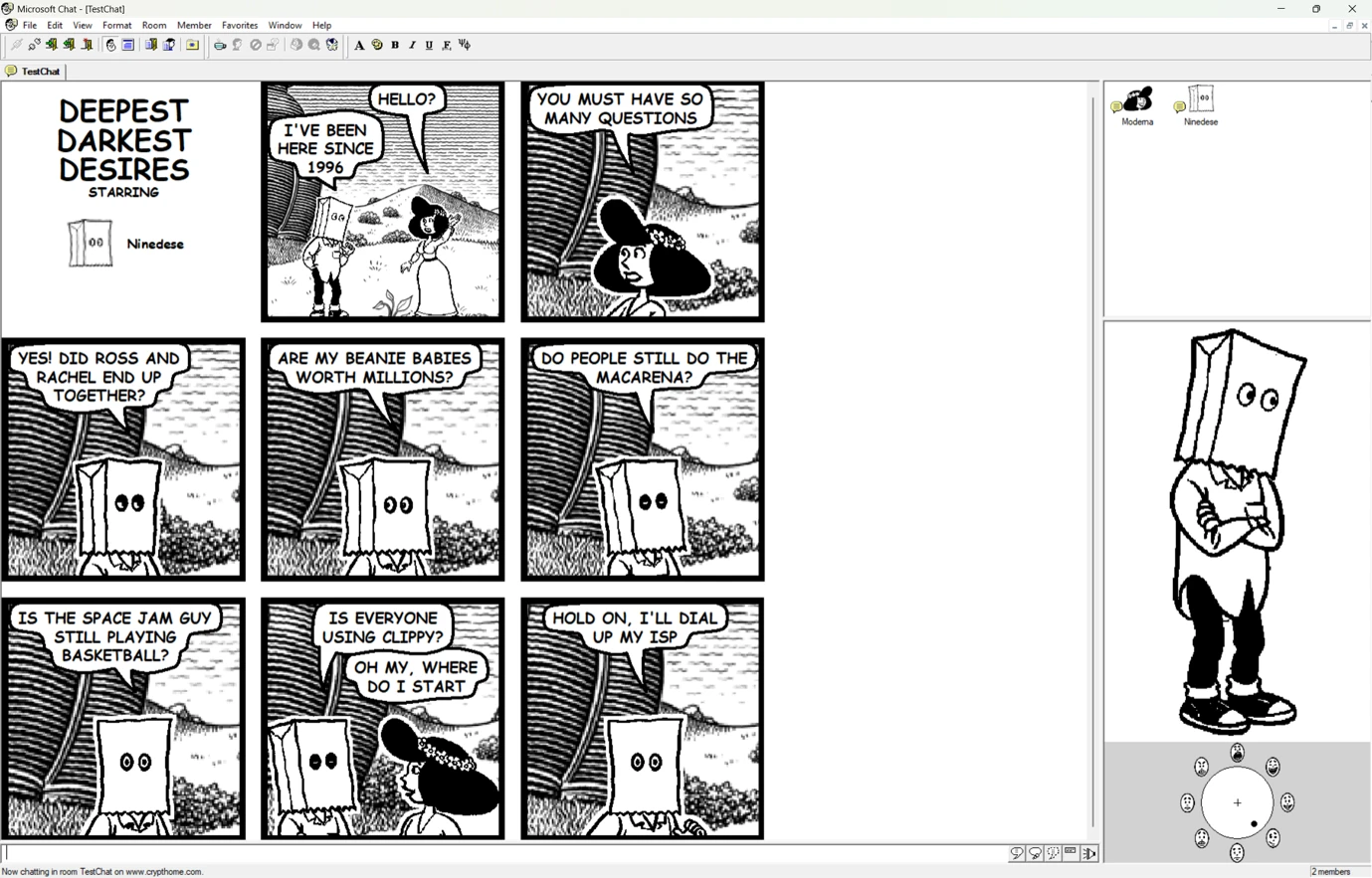 The Microsoft Comic Chat client: a nine-panel comic, member list, character preview, and the circular emotion wheel