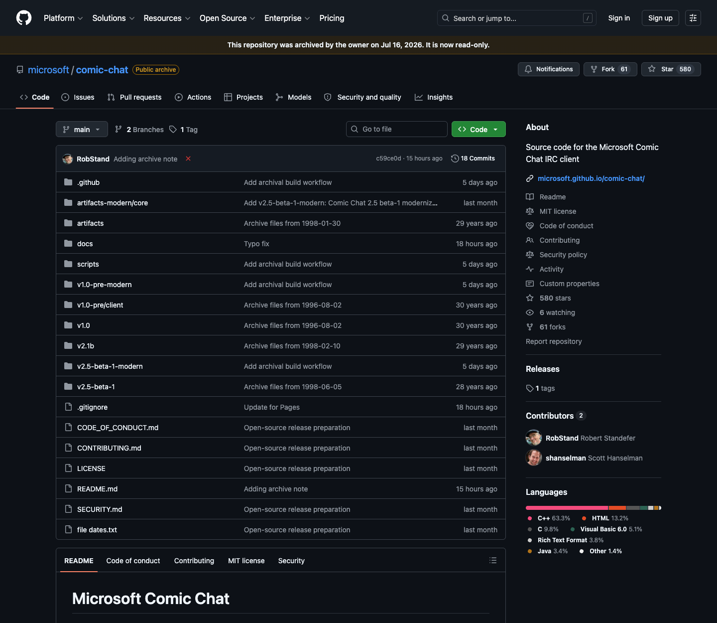 github.com/microsoft/comic-chat: Public archive, MIT license, C++ 63.3%, version folders from 1996 to 1998 plus modern rebuilds