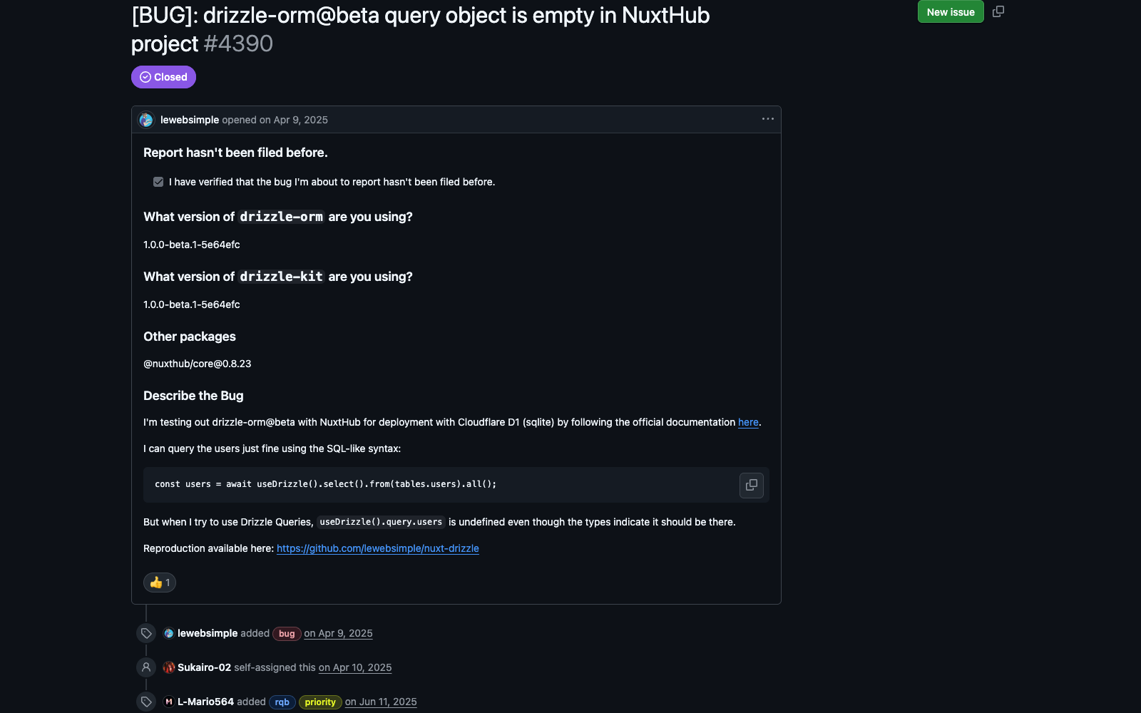 drizzle-orm issue 4390 Closed