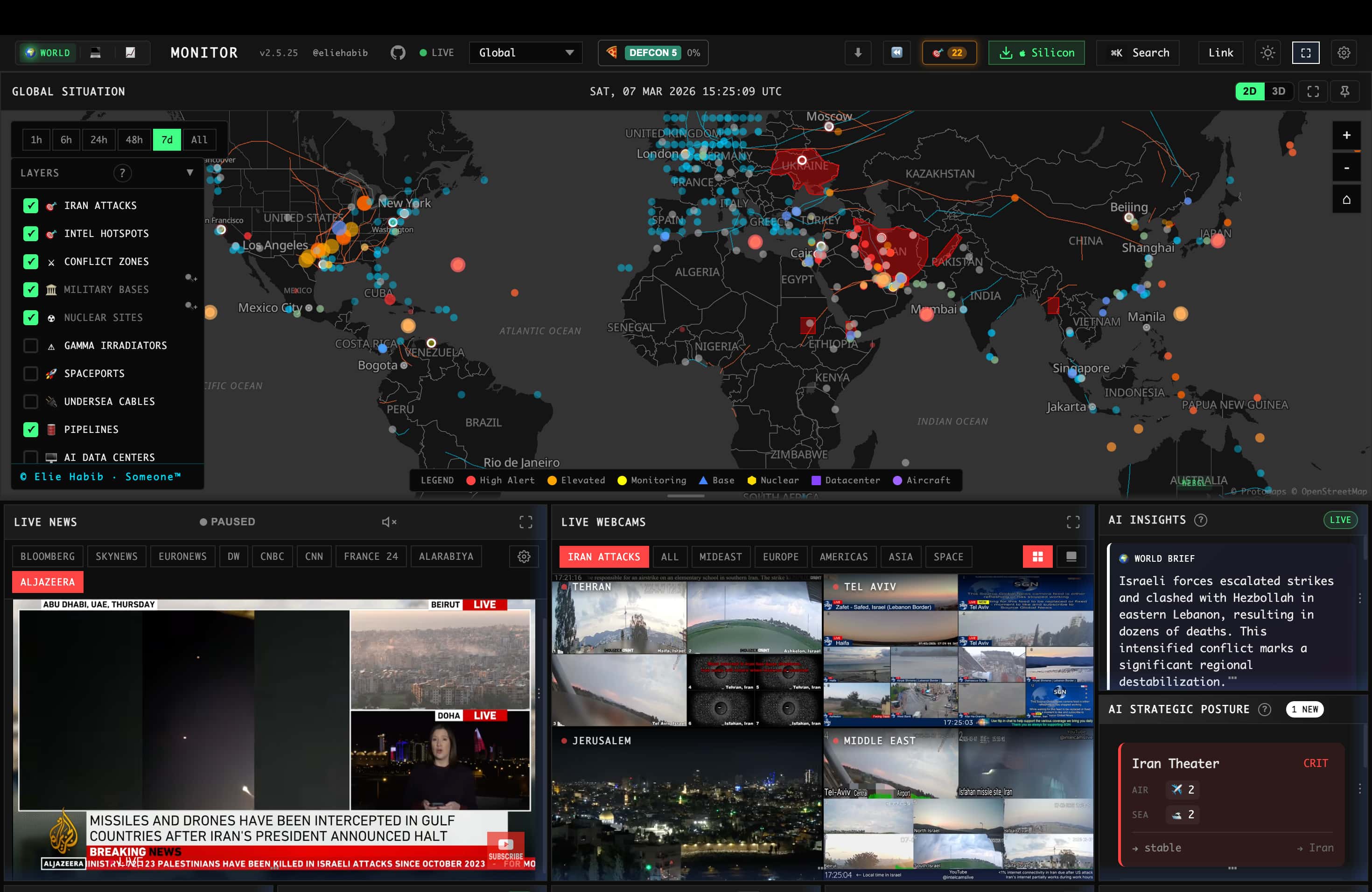 The World Monitor dashboard: a dark world map covered in coloured alert dots with a toggleable layers panel down the left, a live news video panel, a grid of live webcams from cities, and an AI insights column writing a world brief, all on one screen