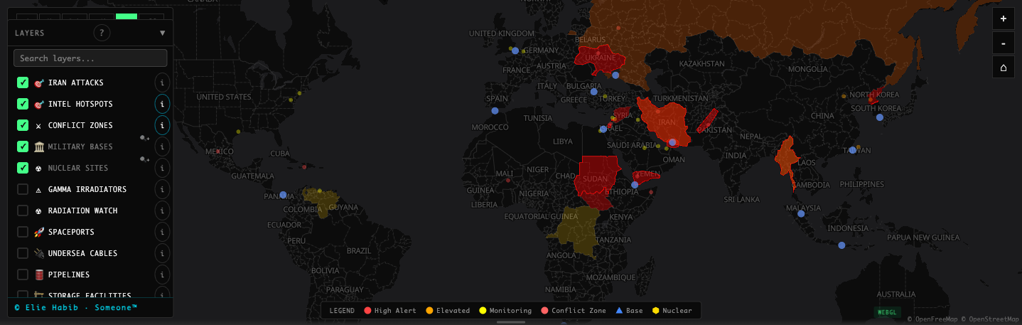 A dark flat world map with several countries shaded red for conflict, coloured alert markers scattered across it, and a layers panel on the left listing Iran Attacks, Intel Hotspots, Conflict Zones, Military Bases, Nuclear Sites, Undersea Cables and Pipelines with checkboxes