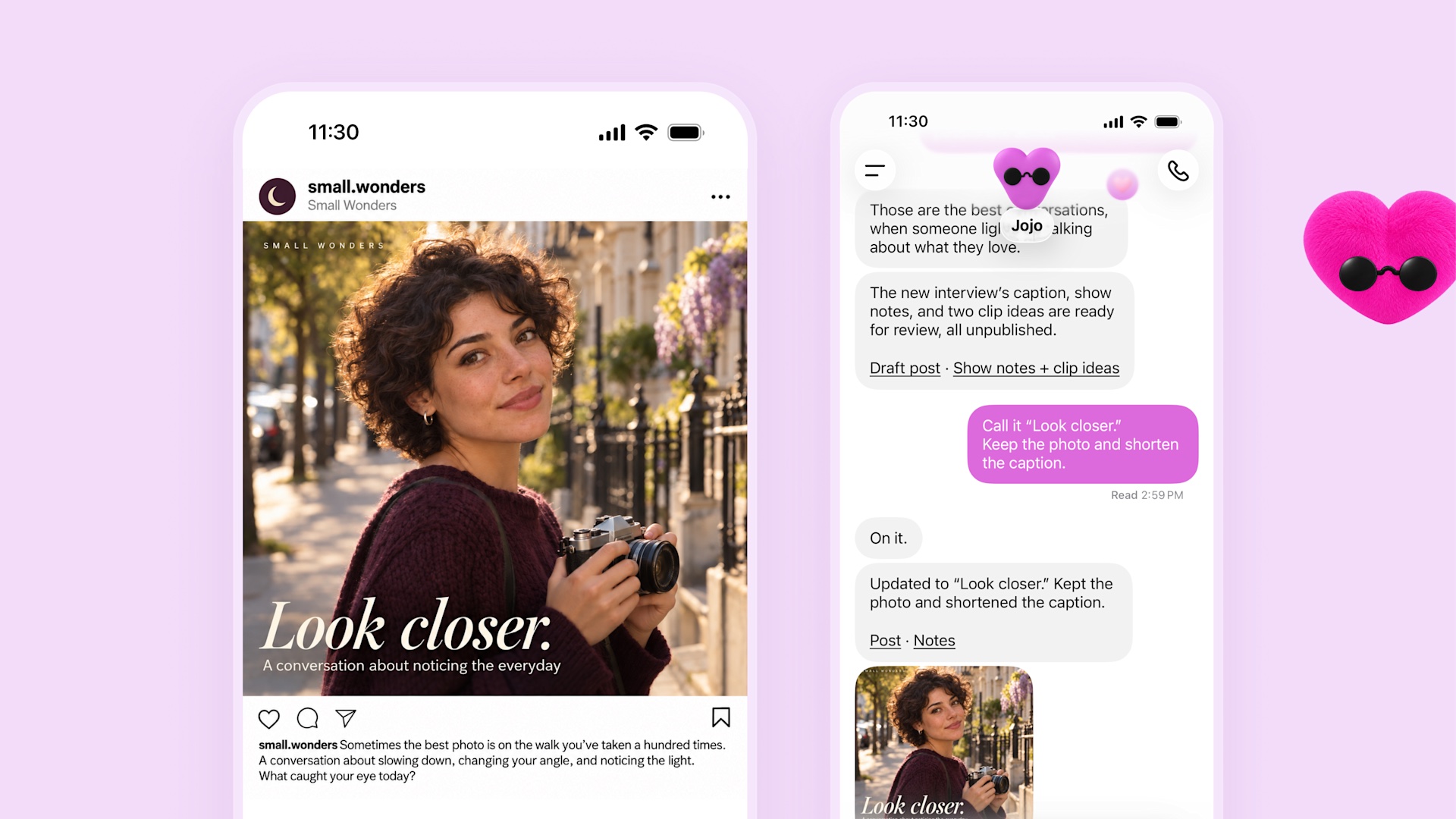 Purple dot Jojo drafts a post, show notes and clip ideas from a new interview