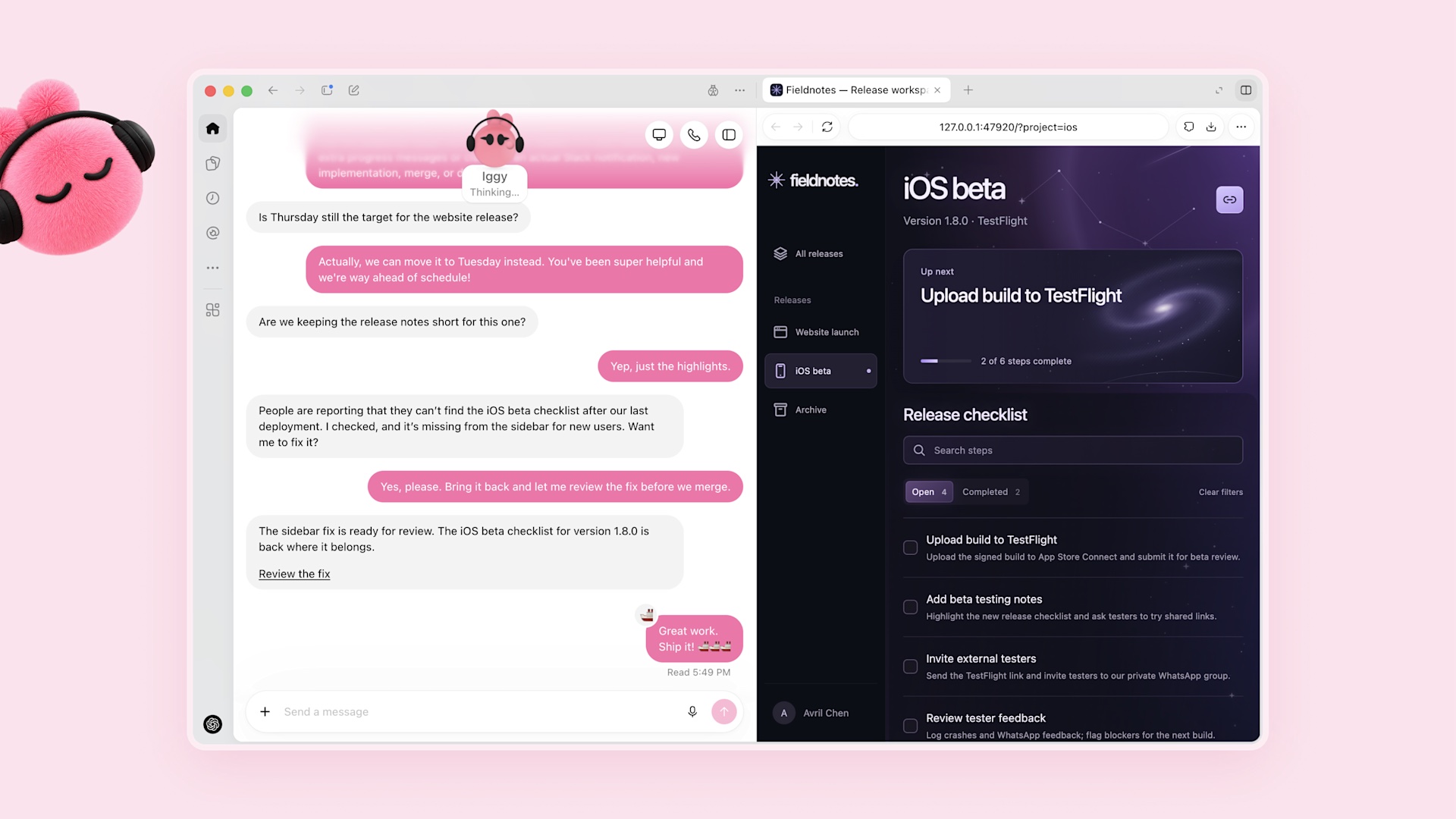 Pink dot Iggy restores a missing iOS beta checklist and asks for review before merging