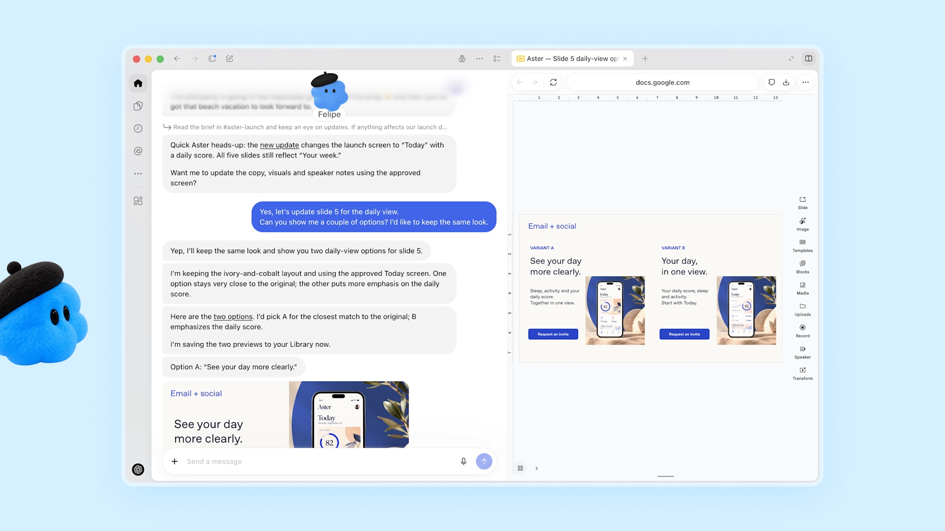 Blue dot Felipe offers two versions of a launch slide after the product screen changes