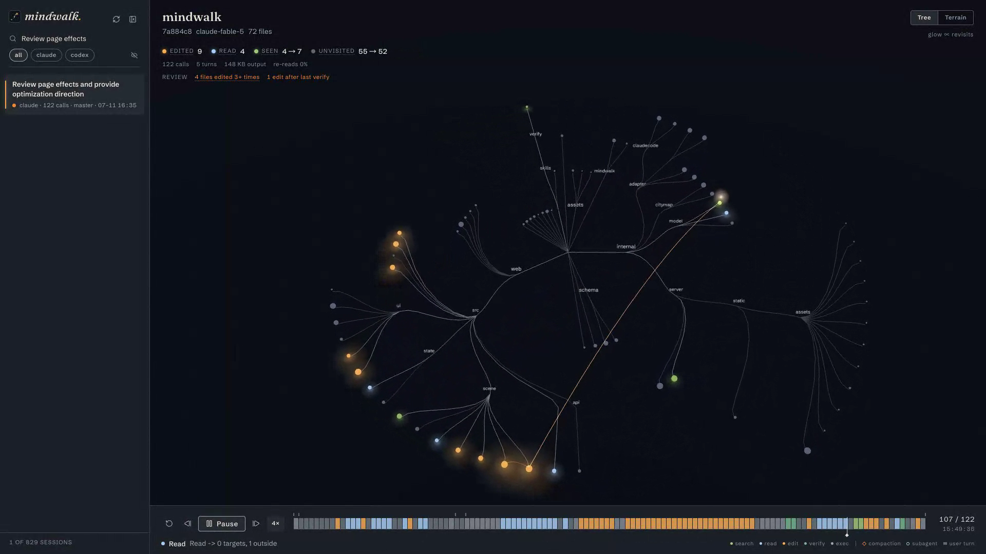 mindwalk's 3D night-map: the repository drawn as a radial tree on black, with glowing paths lit where the coding agent searched, read, and edited; everything untouched stays dark
