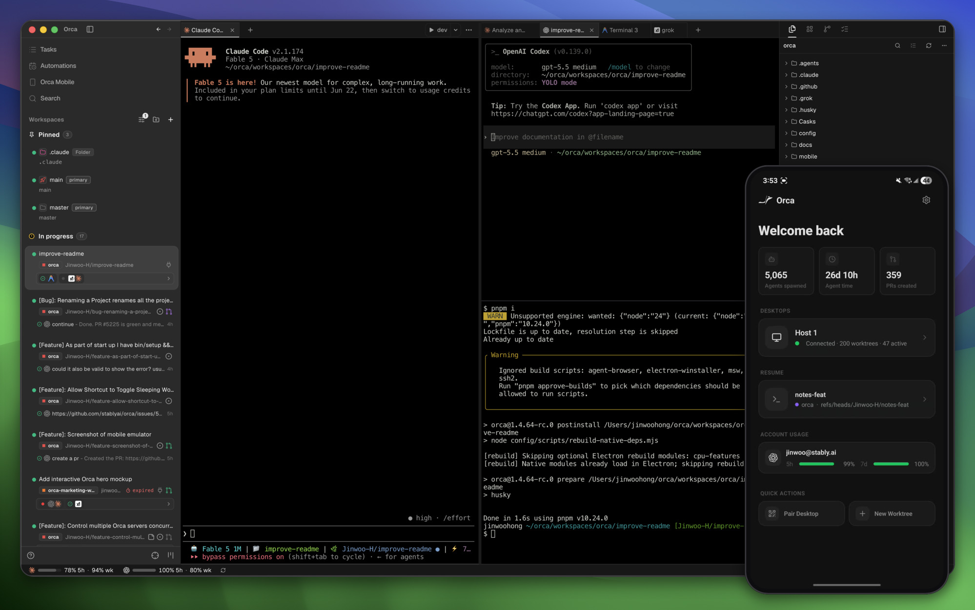 Orca running agents in parallel worktrees, with the mobile companion app beside it