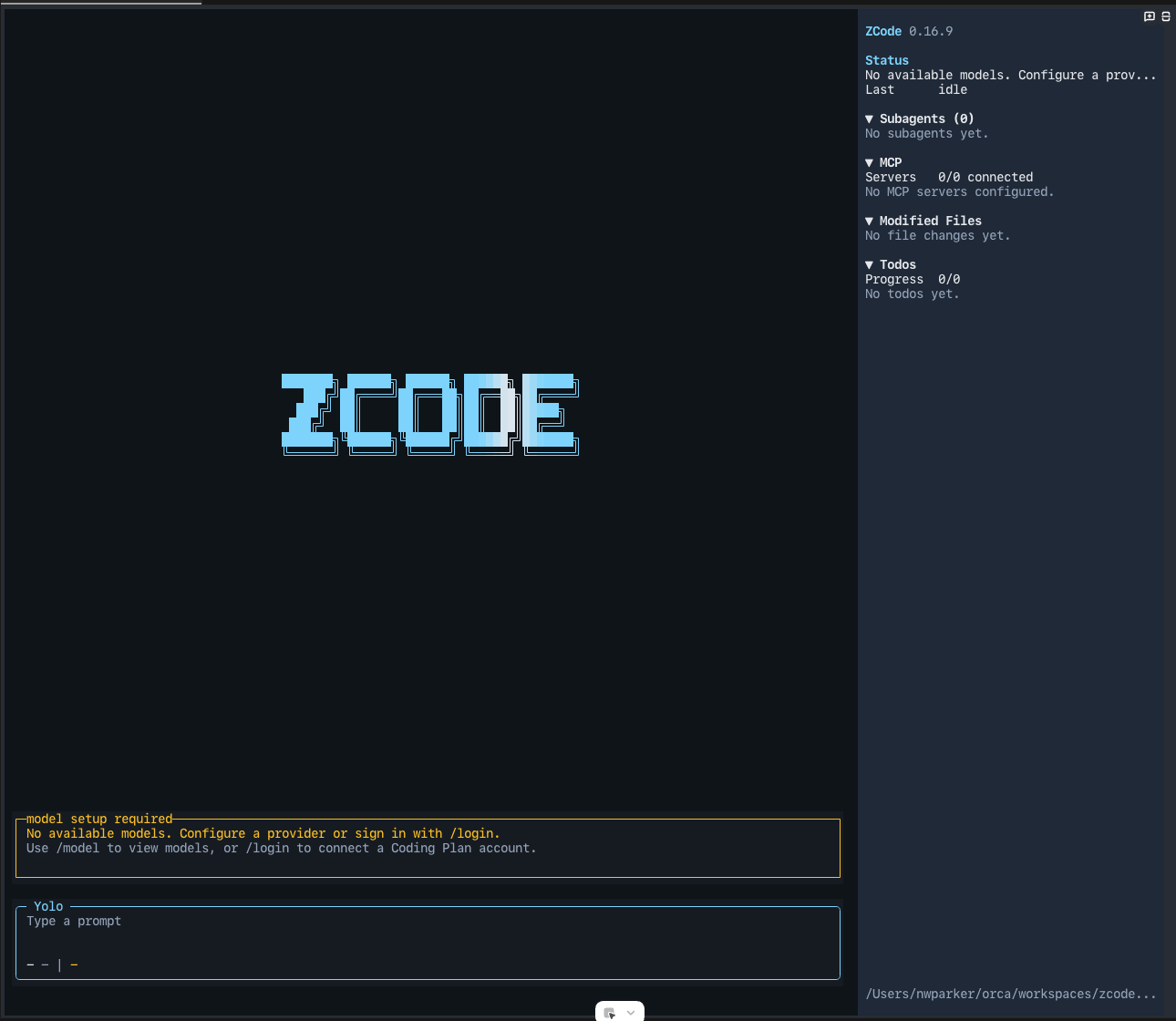 ZCode running in an Orca pane, with Orca's ZCode panel showing status, subagents, MCP servers, modified files and todos