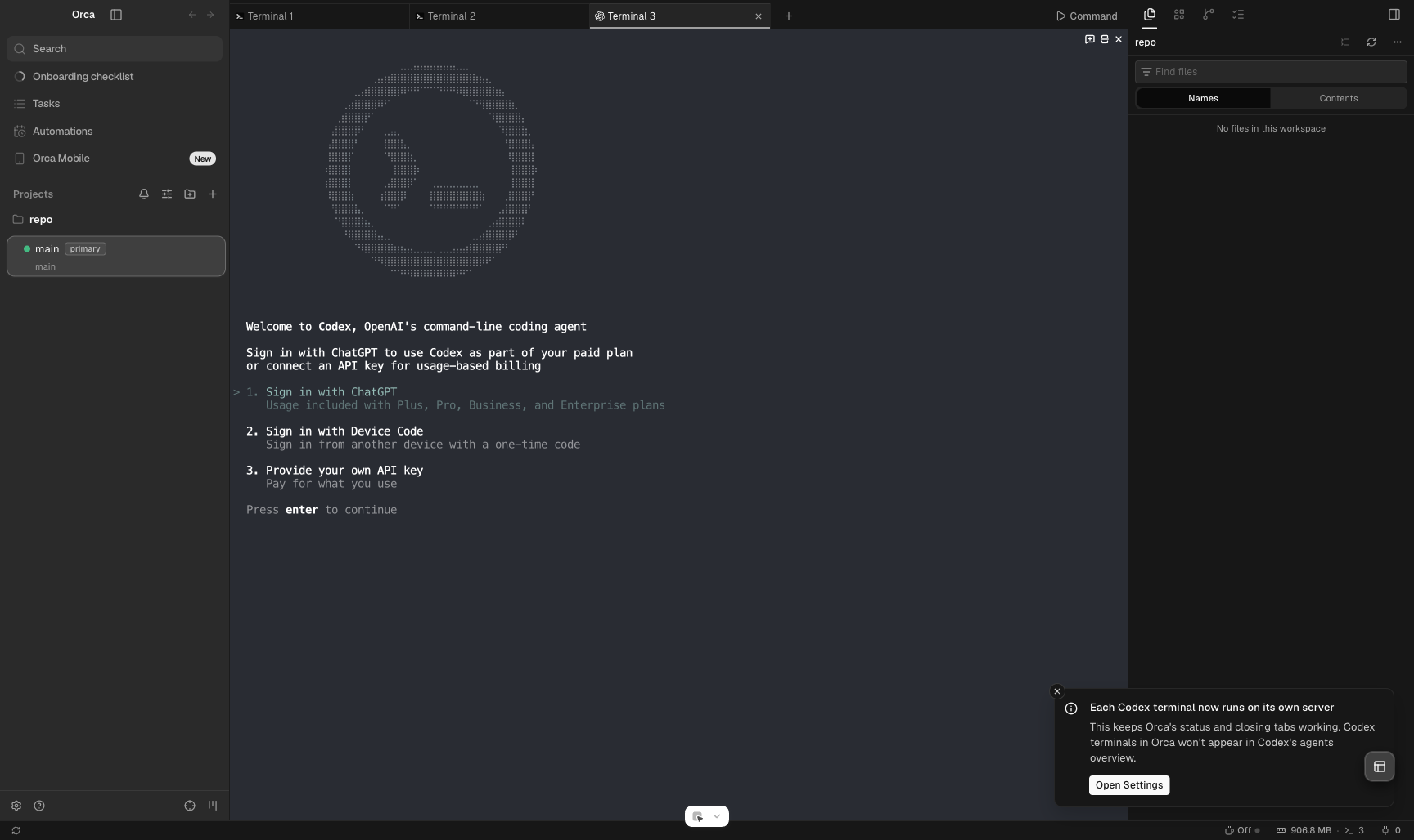 Orca notice: Each Codex terminal now runs on its own server. This keeps Orca's status and closing tabs working. Codex terminals in Orca won't appear in Codex's agents overview. Open Settings.